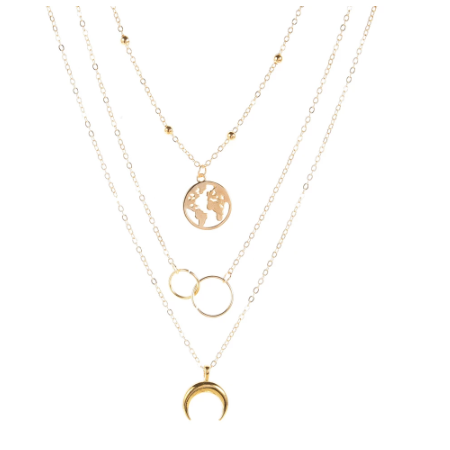 New Fashion Retro Moon World Map Circle Pendant Multilayer Gold Necklace Party Charm Jewelry For Women