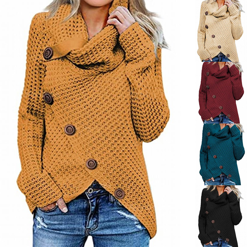 Customized LOGO OEM ODM single-breasted pile collar pullover long-sleeved Jumper solid color plus size women's sweater