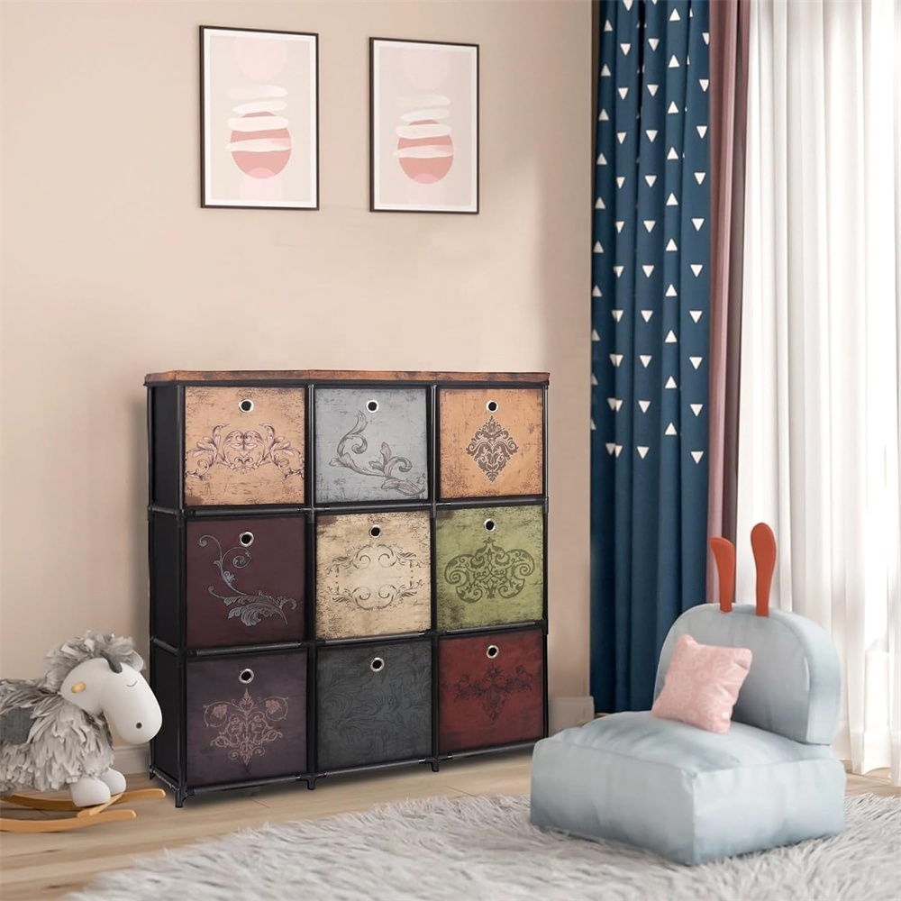 Rustic Storage Dresser With 9 Drawers Fabric Chest of Drawers for Bedroom Hallway Dorm Pattern