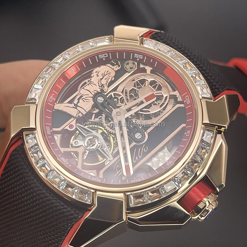 Custom High-Quality Watch Square Diamond Football Pattern Perforated Flywheel Mechanical Men's Fashion Watch Rose Gold