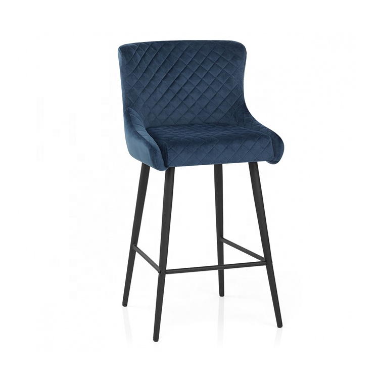 High Quality Modern Blue Velvet Fabric With X Line High Back Soft Seat Bar Chair With 4 Iron Leg Footrest