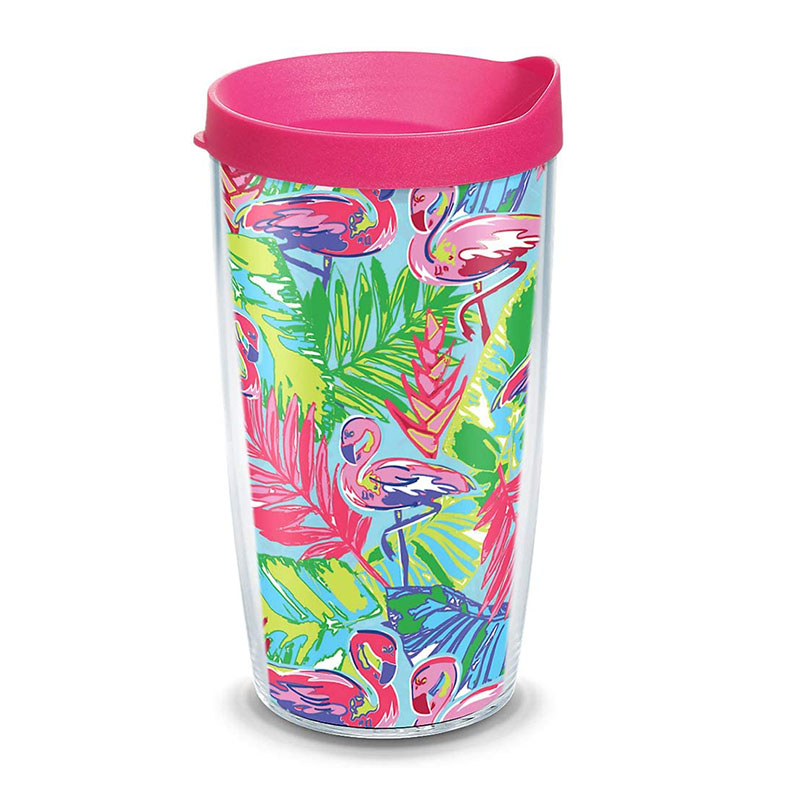 olovn 16 Oz Clear Double Wall Coffee Plastic Mugs Bright Flamingo Pattern Insulated Tumbler Cup With Lid