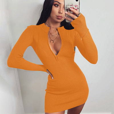 Full Sleeve Wedding Dress Women's Sexy Zipper Front Deep V Neck Slim Fit Bodycon Mini Club Plus Size 2020 Woman Fashion Dresses