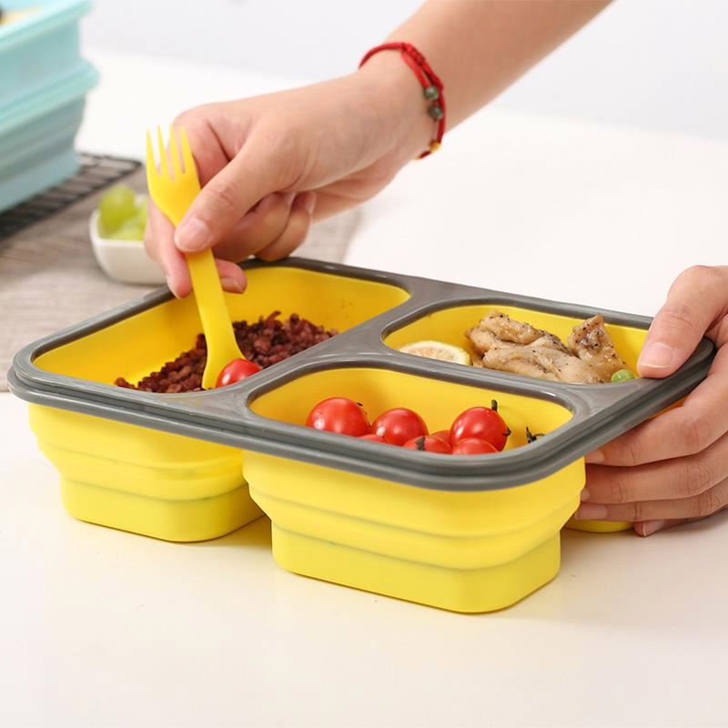 Складной Герметичный силиконовый контейнер для еды Bento с 3 отделениями, пищевой контейнер для детей и взрослых