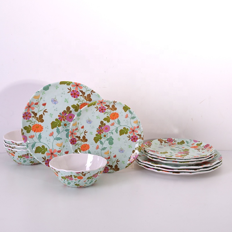 High Quality Customized printing 16 sets melamine tableware dinner set flower melamine