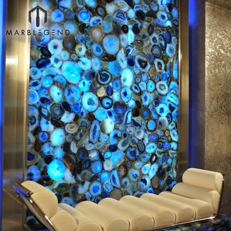 Luxury Villa interior translucent agate light blue Wall Decor Backlit Blue Agate Slab Feature Wall