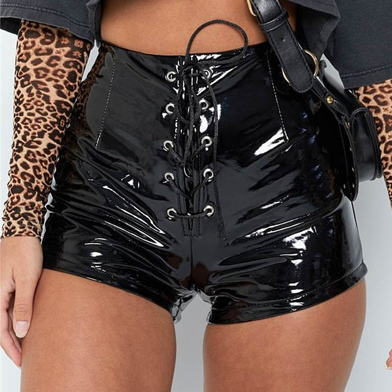 High Quality Clothing Black Lace Up Leather Shorts For Women