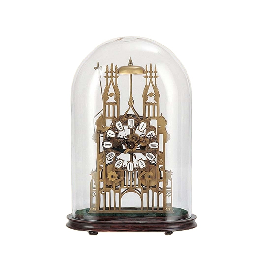 19th Antique/Gilt Brass Large Cathedral Crown Escapement Single Bell 15 Days Repeater Fusee Striking Mechanical Skeleton Clock