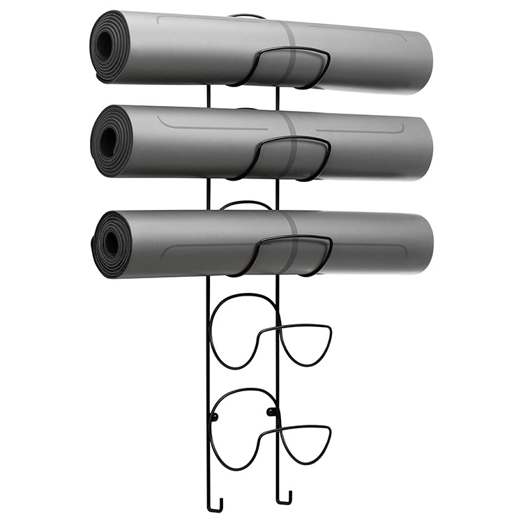 JH-Mech Large Capacity 5-Tier Metal Black Custom Gym Wall Mount Yoga Mat Storage Rack With 3 Hooks