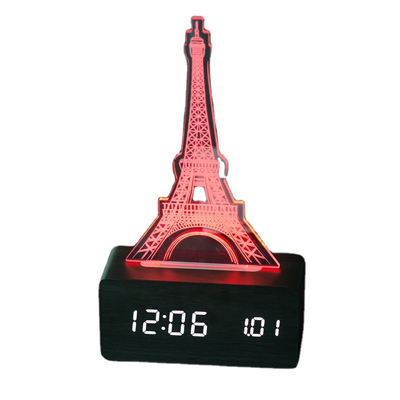 Paris Design Lamp Alarm Clock for Home Decoration Color Changing Digital Wooden Eiffel Tower Gift Backlight 3D Electronic