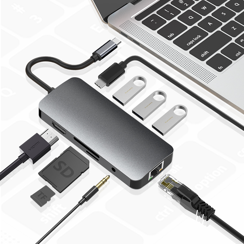 9 in 1 multiport usb 3.0 type c hub hd diskplay PD3.0 rj45 lan gigabyte ethernet aluminum hub docking station adaptador 9 ports