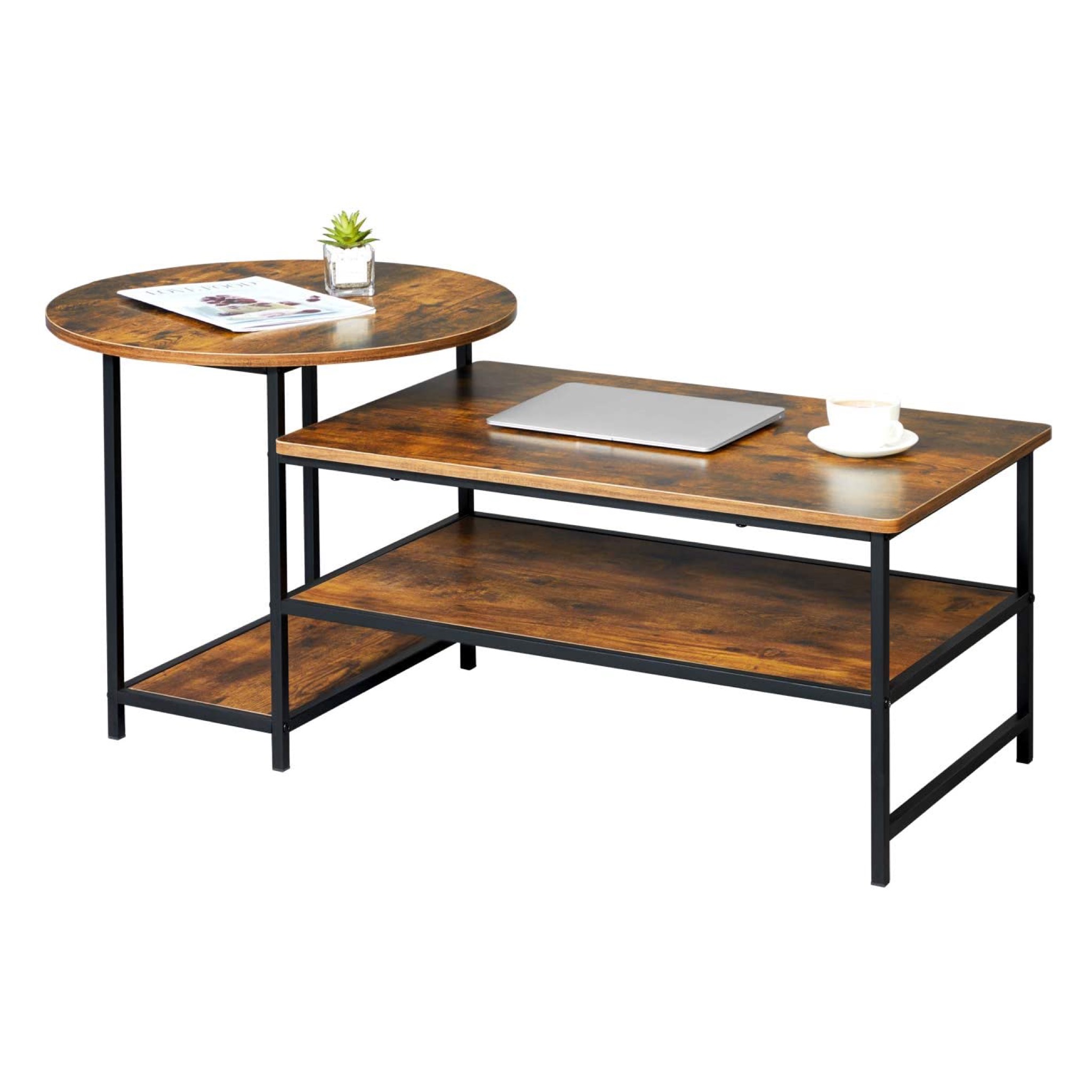 Round Coffee Table and Rectangular Unique Coffee Table Sets Industrial Wood Coffee Tables for Living Room with 4 Leveled Shelf