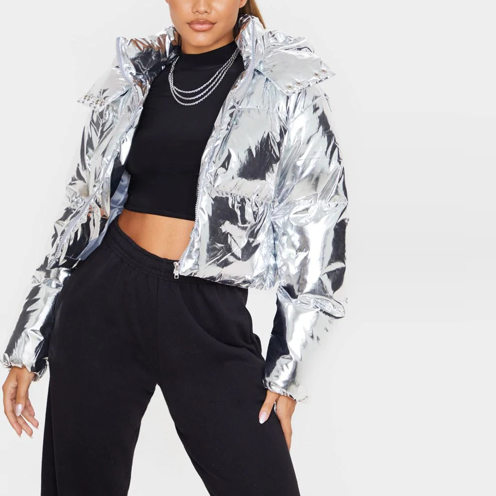Silver Metallic Crop Puffer Hooded Jacket Ladies Zip Up Winter Short Cotton Filling Bombers