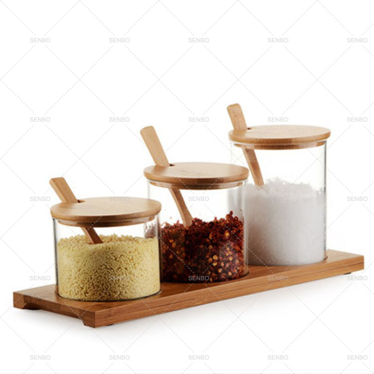 Handmade Kitchen Accessories Modern Custom Spice Jar Container Glass with Bamboo Spoon and Tray