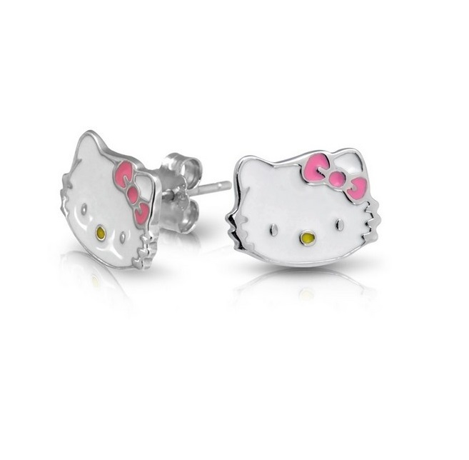 Серьги-гвоздики YCE1044 из серебра 925 пробы с розовой и белой эмалью и котенком для девочек