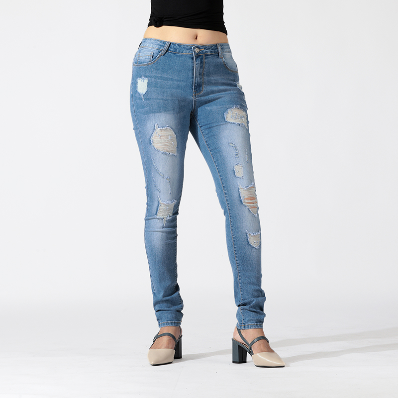 Wholesale ladies high quality custom logo casual skinny trousers denim pants ripped slim fit women's jeans