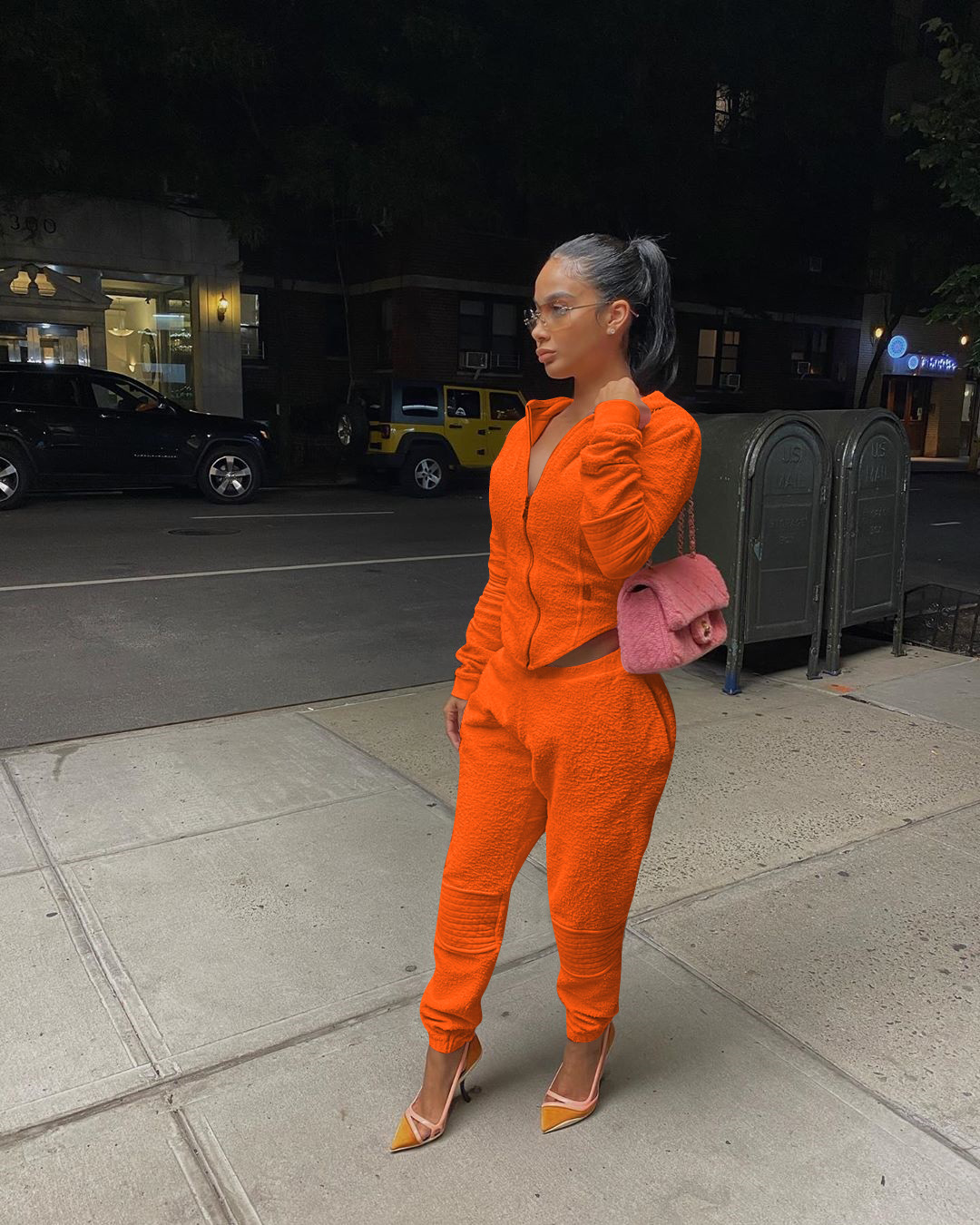 2021 Casual Fall Clothing Cashmere Ladies Solid Zipper Women Jogger Pants And Long Sleeve Hoodie Crop Tops Outfit Two Piece Sets