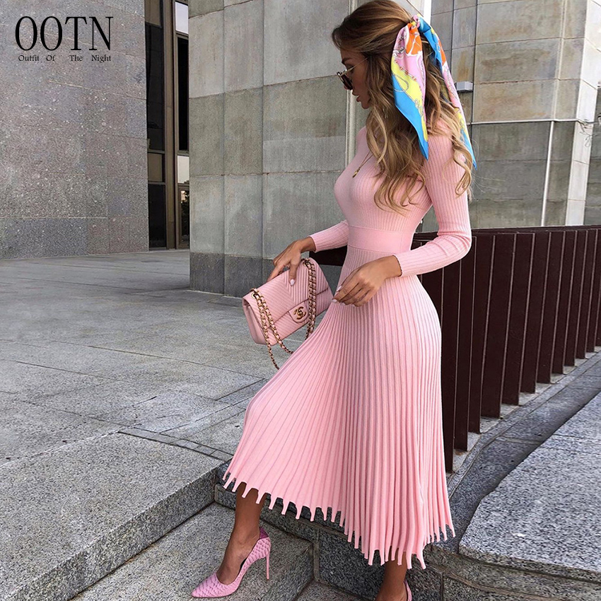 OOTN официальный женские повязки плиссированные платья ребристые элегантное миди облегающий свитер платье для женщин осень новый вязаное длинное платье