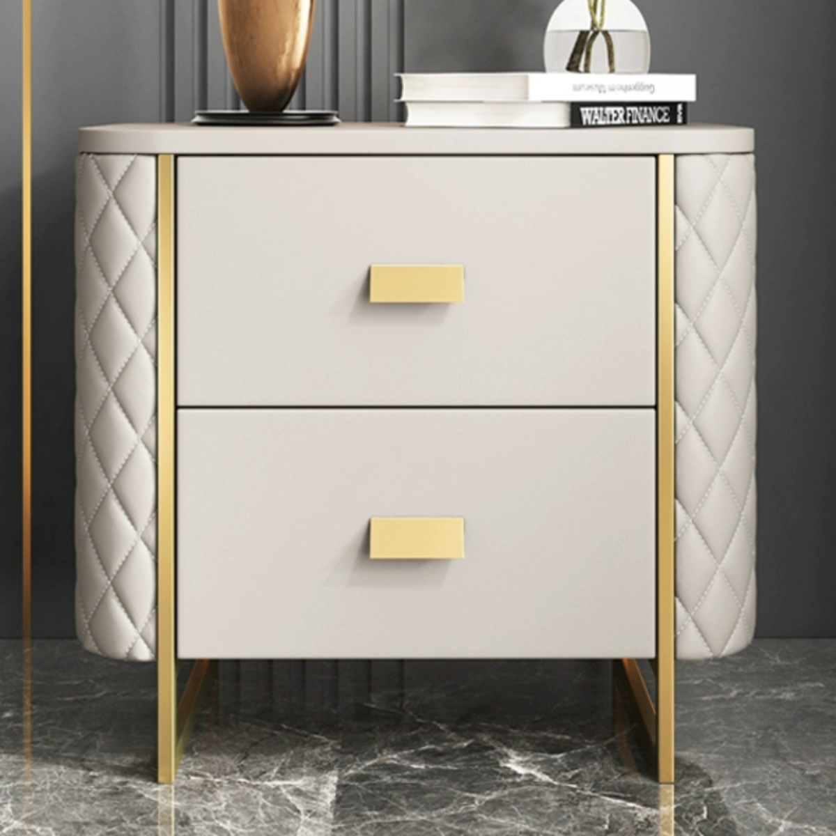 Italian Luxury Leather Storage Bedside Table With Drawer Bedroom Gold Leg Wooden Bedside Nightstand Side Table