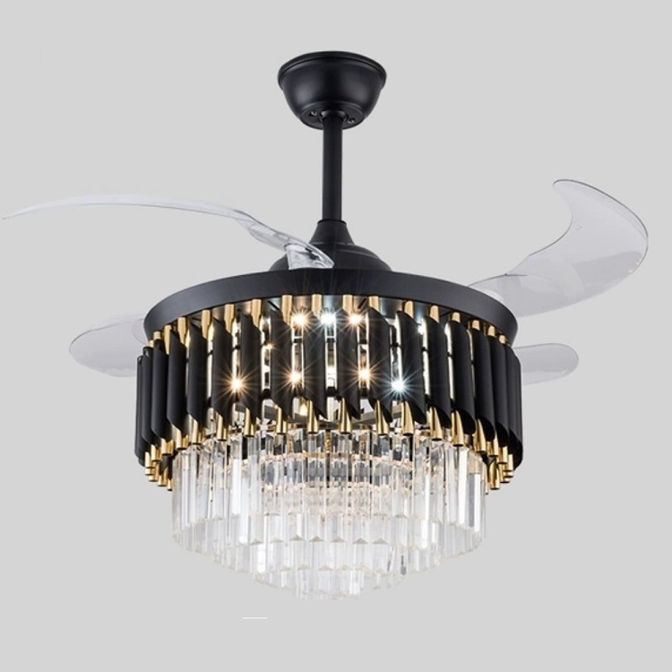 High Quality 42 Inch luxury invisible ABS blade fan chandelier lighting remote control black crystal chandelier led ceiling fan