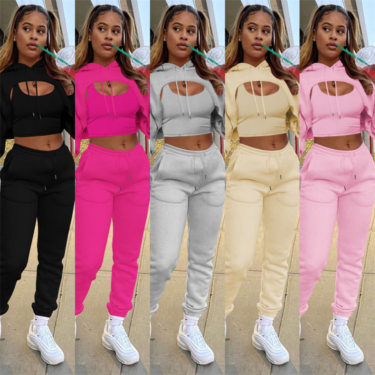 European and American fashionfleece drawstring hoodie with cotton vest and jogging pants three-piece suit