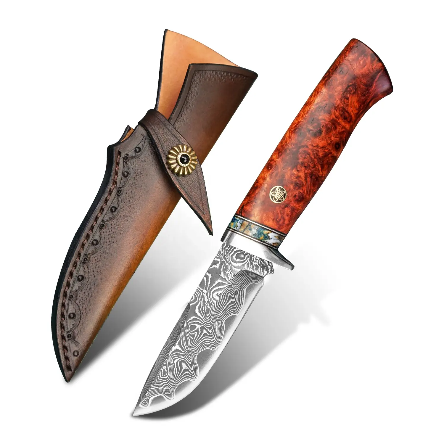 Stabilized Wood Mammoth Fossil Fixed Blade Bowie Knives with Sheath Outdoor Survival Damascus Steel Hunting Knife