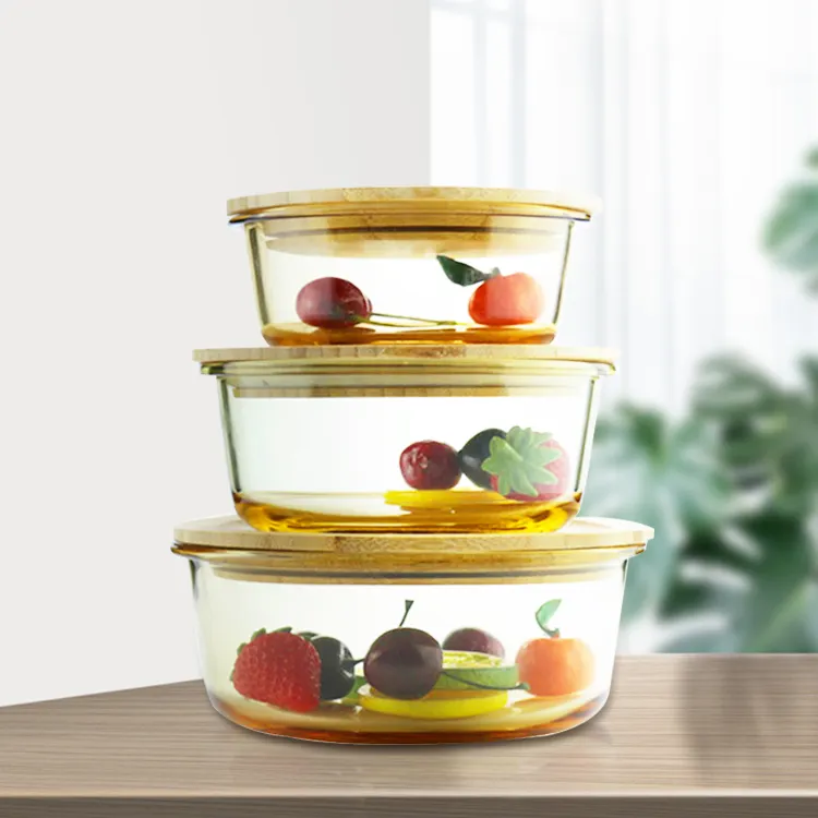 High borosilicate microwave glass lunch bowl food container storage box glassware jars with sealed silicone wooden lid