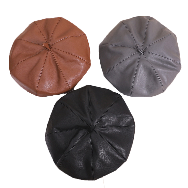 Wholesale Retro British PU Leather Black Brown Winter Beret Hat Luxury Ladies Classic Winter Street Adjustable Beret Cap