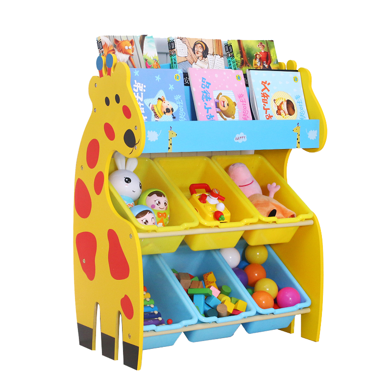 Children bedroom furniture giraffe style Wooden toy shelf kids cabinet with plastic storage box for sale