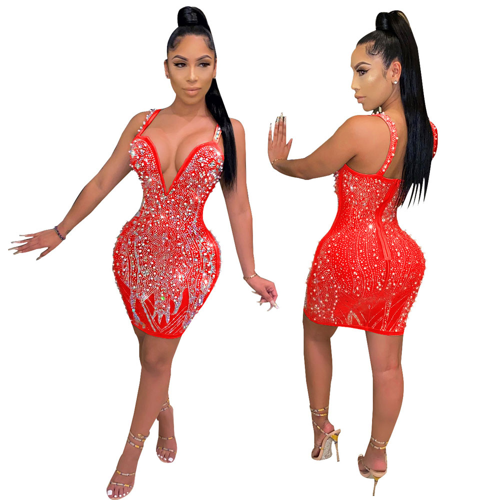 2021 New Style Wholesale Colorful Hot Drilled Sleeveless Ladies Evening Party Club Dress For Night Club