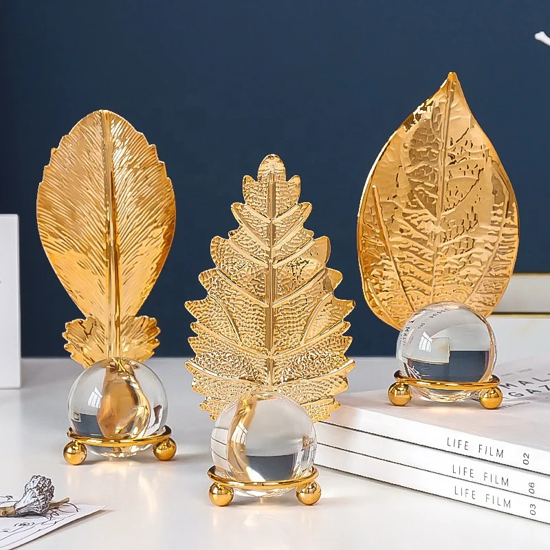 Biumart Metal Maple Leaf Luxury Crystal Decor Interior Modern Nordic Table Gold Accessories Art Crafts Decoration for Home