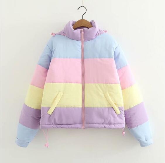 2021 Women's Thicken Winter Rainbow Down Puffer Jackets Loose Padded Student Coats Warm College Parkas Female