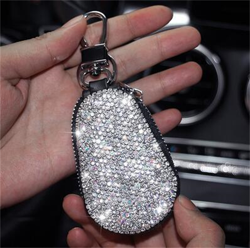 Bling car keychain leather car key case leather bracket cover box luxurious shiny rhinestone crystal diamond