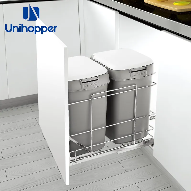 Unihopper manufacturer wholesale soft close press open garbage can sliding pull out kitchen cabinet plastic garbage trash bin