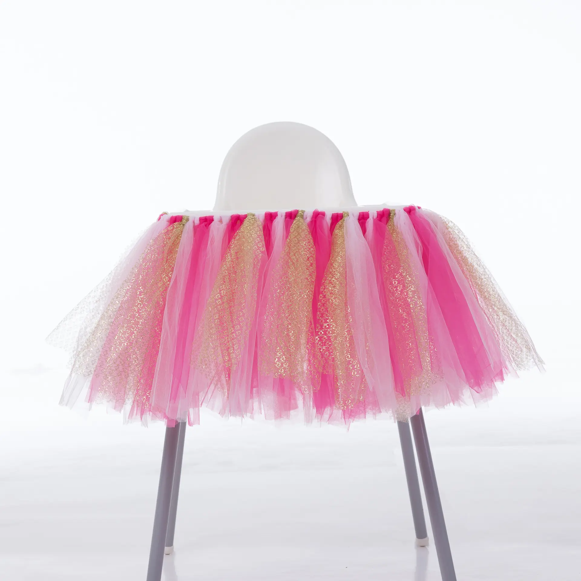 Baby 1st Kids Birthday Party Decoration Pink and Golden High Chair Tutu Skirt Tulle Table Skirt