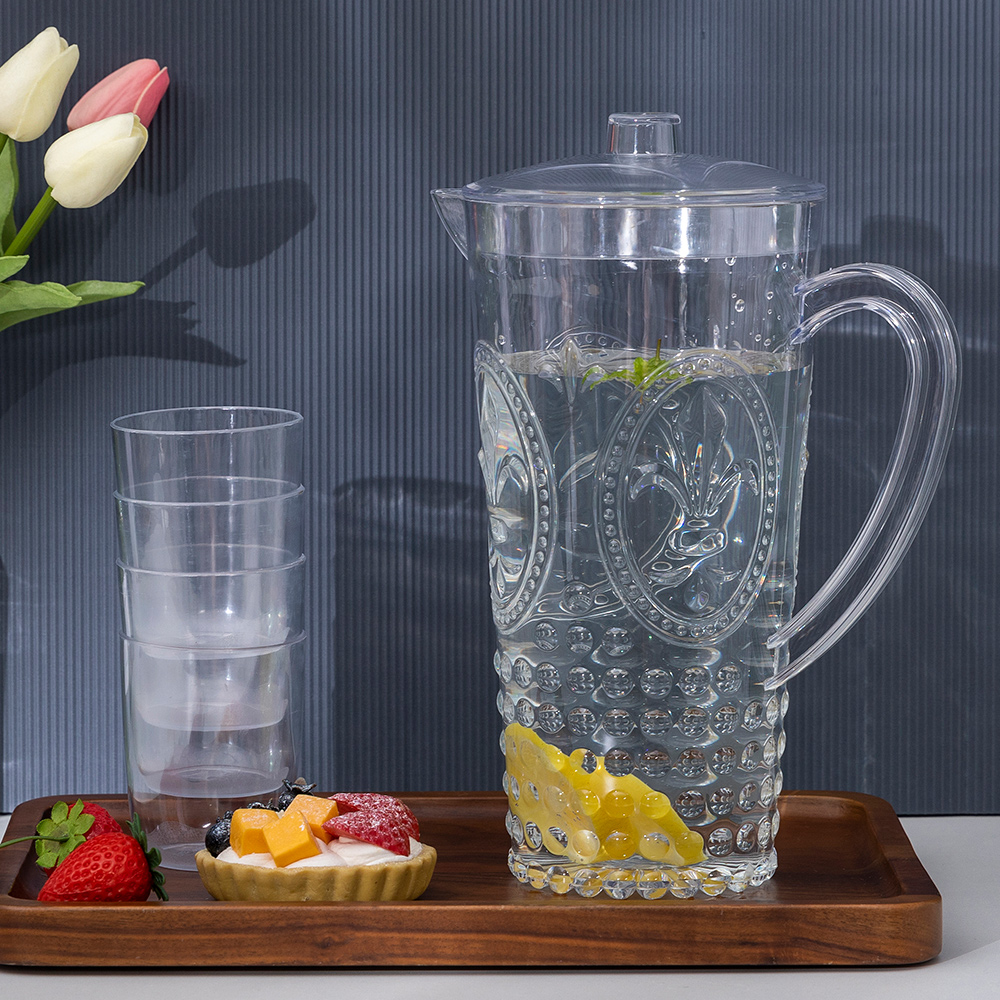 Hot Sale Kitchenware Plastic PS Water Pitcher with Handle Lid Transparent Water Pot Water Jug