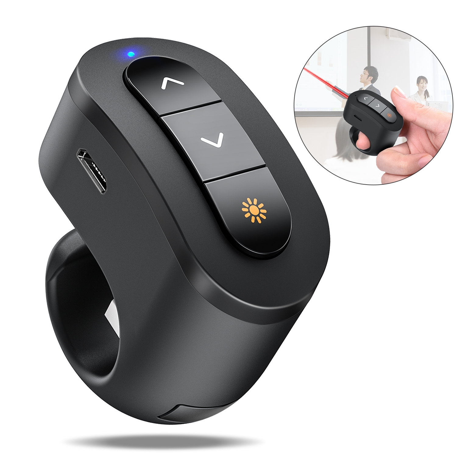 2.4GHz Wireless Presenter Rechargeable Finger Ring Presentation Remote Control With Red Laser Pointer for Powerpoint PPT Slide