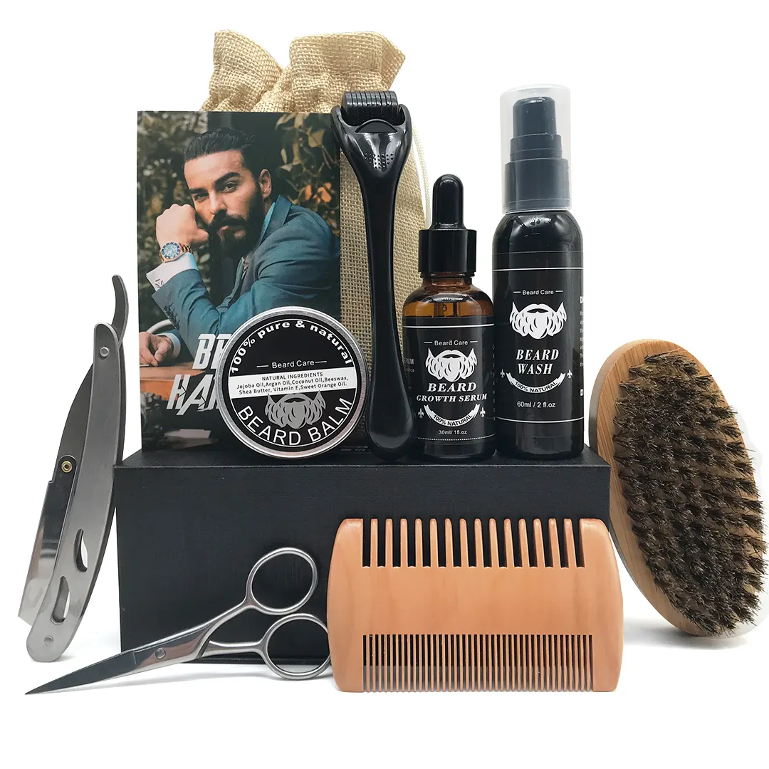 10pcs Barba shop Men's skin care Product wholesale beard grooming kit private label Beard Growth Oil Kit
