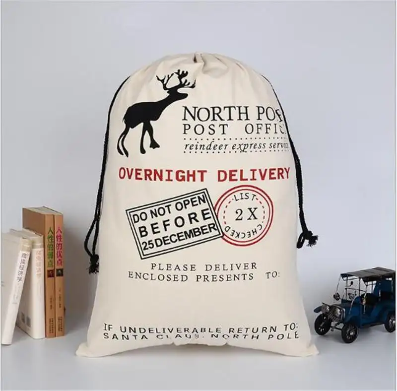 Santa Sacks Gift Cotton Christmas Bag Large Canvas Drawstring Bag With Reindeers For Kids