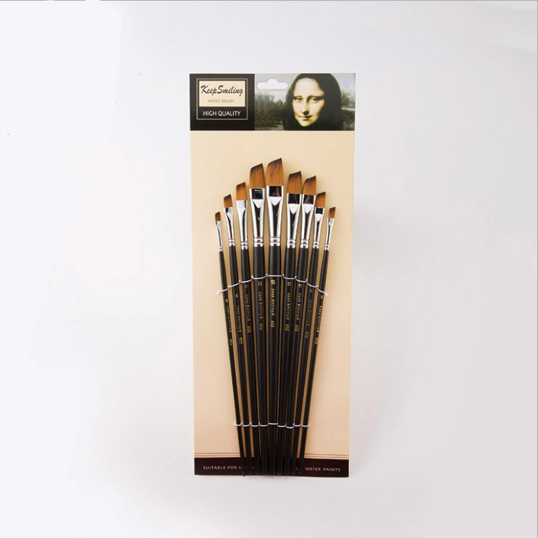 9pcs Long Rod Black Matt Nylon Wool Oblique Head for Watercolor Acrylic Oil Painting Painting Set