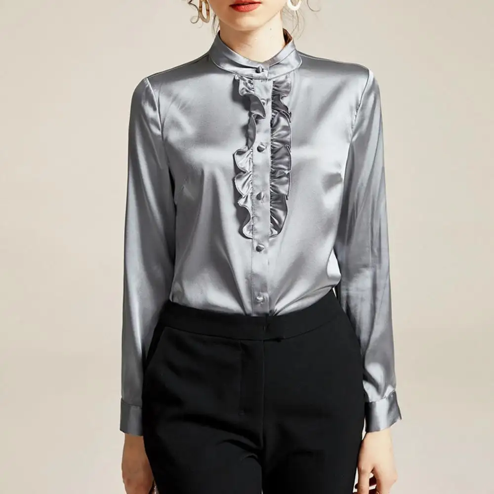 New Spring 2020 Pure Silk Stand Collar Ruffle Patchwork Long Sleeve Shirt Casual Office Blouse For Ladies