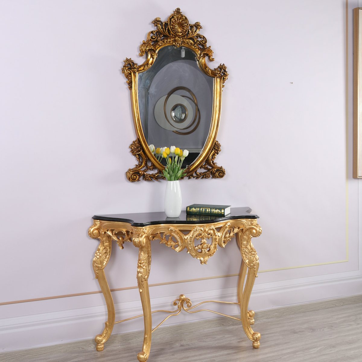 Handmade antique gold French style wooden console table with mirror set living room decoration