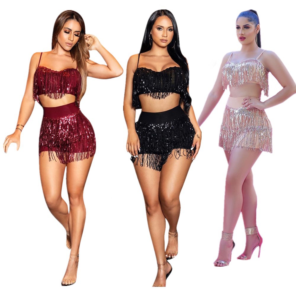 tassels crop top high waist hot shorts sequined two piece set sexy clubwear birthday outfits for women