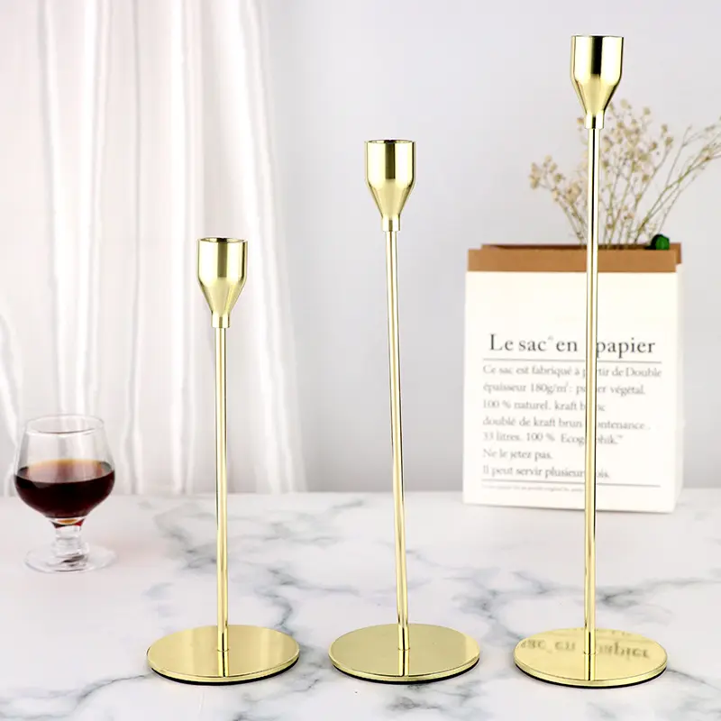 Nordic Handmade Luxury Custom Mental Gold Taper Tall Candlestick Stand Gold Pillar Candle Stick Holder For Wedding Dinner Party
