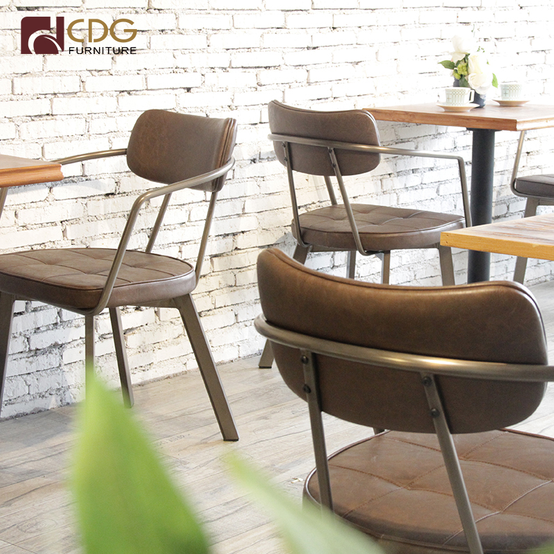 Coffee Shop Dining Chair Leather Metal Frame Pu Seat Industrial Chairs