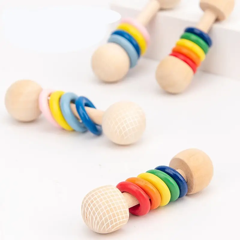 natural safety paint montessori toys baby wooden rattle organic grasping teething toy