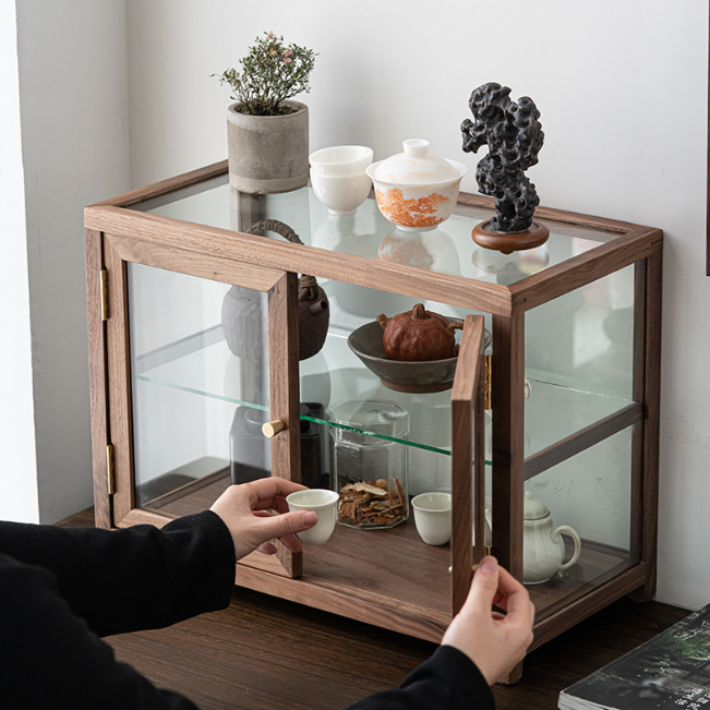 Walnut Wooden Bakery Display Case, Solid Wood Bakery Display Case Desktop Small Storage cabinet