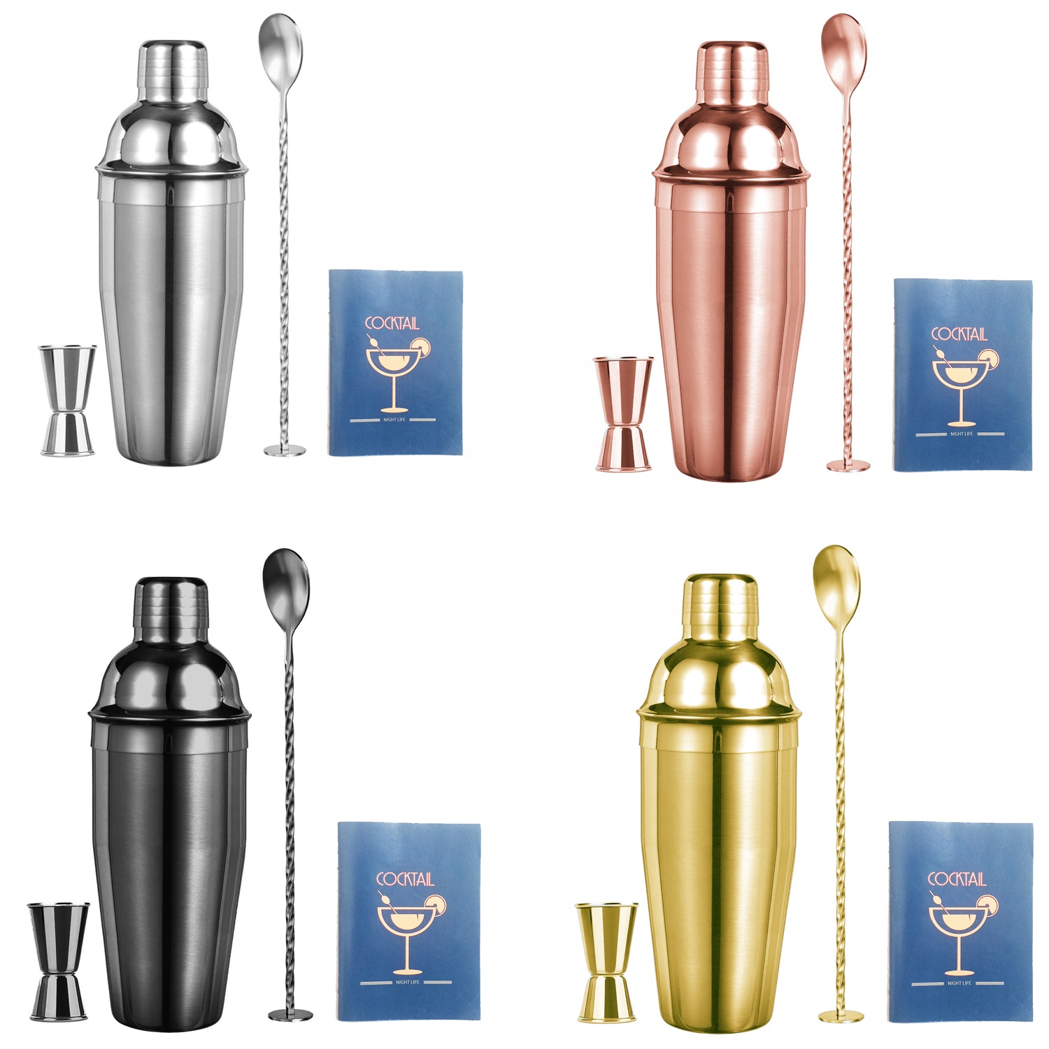 CAMOL 4 Pieces Cocktail Shaker Set with Accessories Barware Drink Shaker Built-in Strainer 25oz Bar Tool Set with Recipe Custom