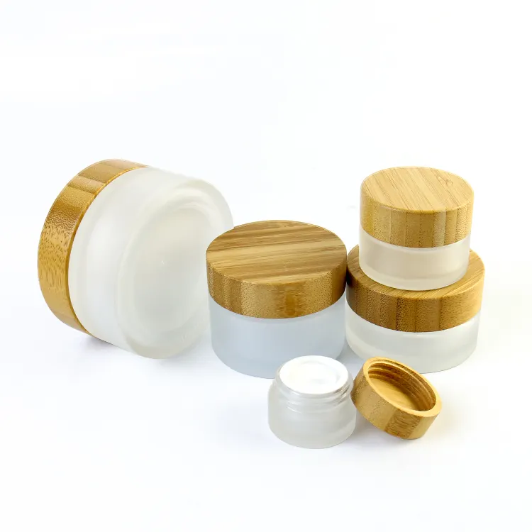 Glass Cosmetic Cream Jar With Bamboo Lid Empty Cream Cosmetic Container 30g 50g 100g Frosted Clear Glass Jars With Bamboo Lid