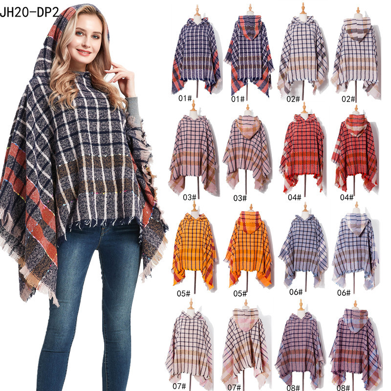 2021 fall winter plaid pleated shawl cloak with hood scarves and shawls